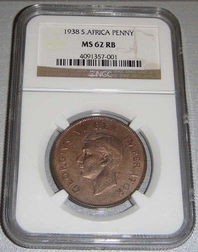 1938 Penny (1d) : Union of South Africa : NGC graded MS62 RB  (MINT STATE)