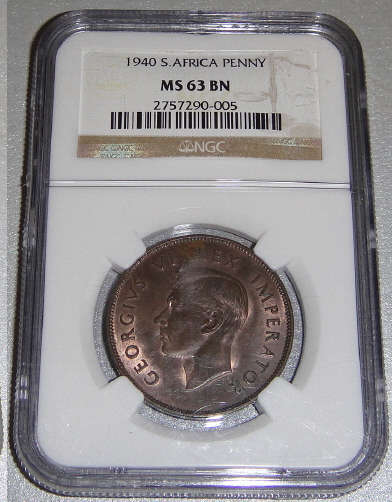 1940 Penny (1d) : Union of South Africa : NGC graded MS63 RB (MINT STATE)
