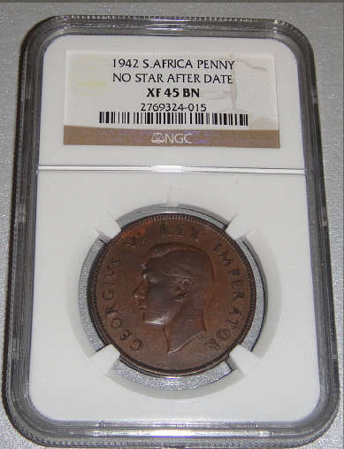 1942 Penny (1d) : Union of South Africa : NGC graded XF45 BN (NO STAR AFTER DATE)