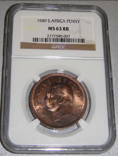 1949 Penny (1d) : Union of South Africa : NGC graded MS63 RB (MINT STATE)