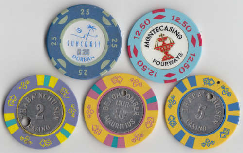Five Collectable Casino Chips of South Africa and Mauritius