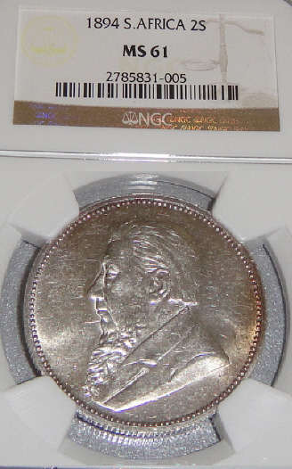 1894 Two-Shilling (2/-) Paul Kruger ZAR: NGC Graded MS61 (MINT STATE)