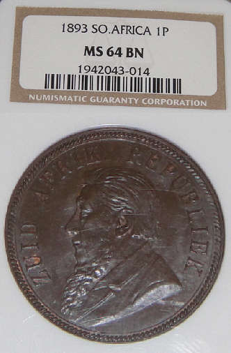 1893 Penny (1d) Paul Kruger ZAR (SUPER GRADE NGC MS64 BN)