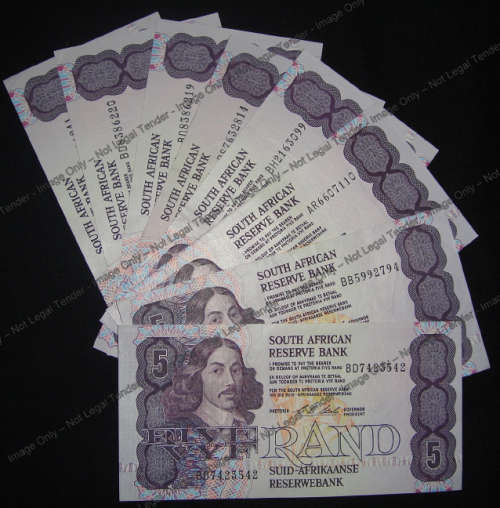 Eight Stals R5 notes (Jan van Riebeeck) of 1990