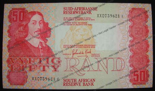 Scarce 1984 G de Kock R50 REPLACEMENT note (XX0739621 E) in Uncirculated condition