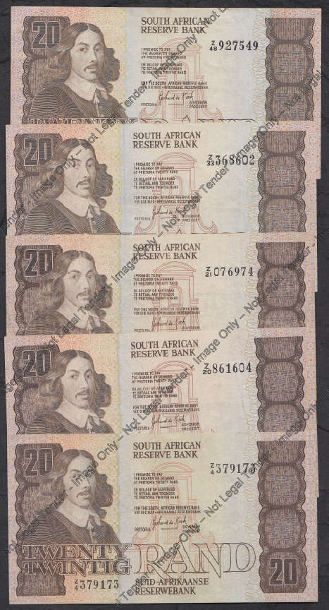 Collection of 5 Gerhard de Kock Z-REPLACEMENT R20 notes of 1981 and 1984