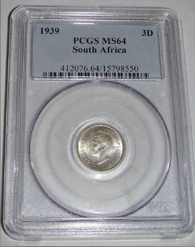 1939 Tickey (3d) : Union of South Africa : PCGS graded MS64 (MINT STATE)