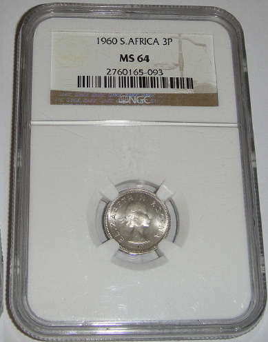 1960 Tickey (3d) : Union of South Africa : NGC graded MS64 (MINT STATE)