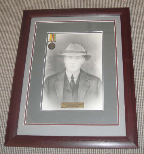 Glass framed Picture with ABO Medal to Burger Paulus Johannes van Wyngaardt (Potchefstroom Commando)