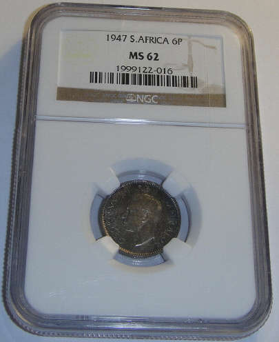 1947 Sixpence (6d): Union of South Africa: NGC graded MS62