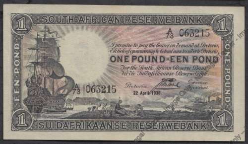 Union of South Africa: One Pound: J Postmus : 22 April 1938 : Almost Uncirculated