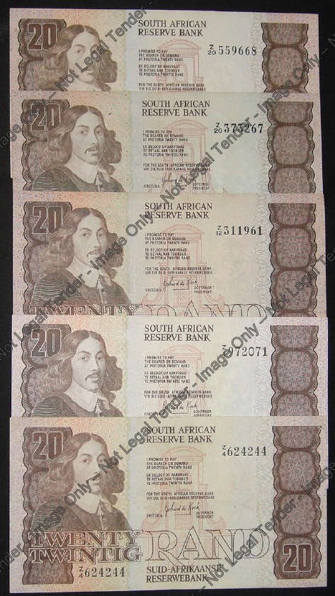 Collection of 5 Gerhard de Kock Z-REPLACEMENT R20 notes of 1981 and 1984