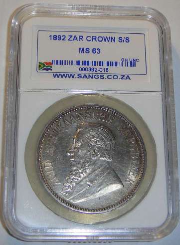 1892 Crown (5/-) Single Shaft: Paul Kruger ZAR: Sangs graded MS63 (MINT STATE)