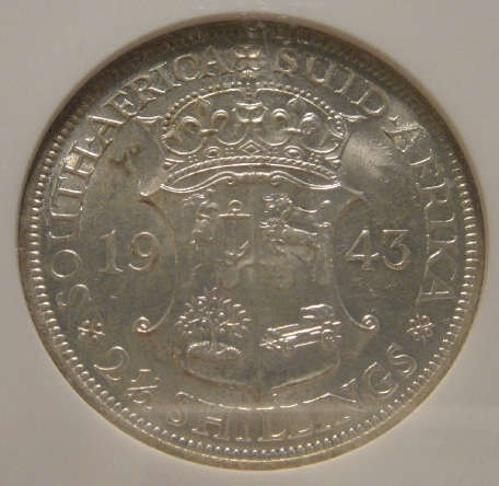 1943 Half Crown (2/6-) : Union of South Africa: NGC graded MS62 (MINT STATE)