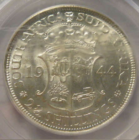1944 Half Crown (2/6-) : Union of South Africa: PCGS graded MS61 (MINT STATE)