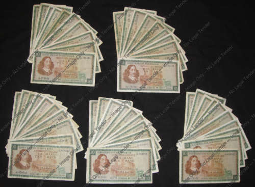 Fifty (50) circulated TW de Jongh R10 notes of the 1960s & 1970s