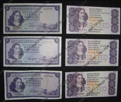 Collection of six different Jan van Riebeeck R5 notes of the previous century