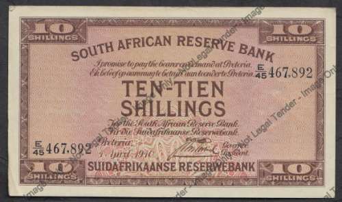 Union of South Africa: Ten Shillings: J Postmus : 4 April 1940: Uncirculated or close