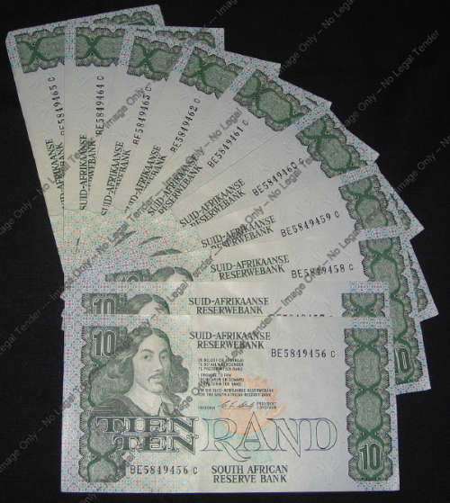Ten  (10) UNCIRCULATED CL Stals R10 notes of 1990 with consecutive serial numbers