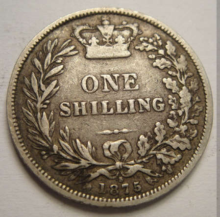 1875 Sterling Silver Shilling (1/-) : Queen Victoria : Great Britain