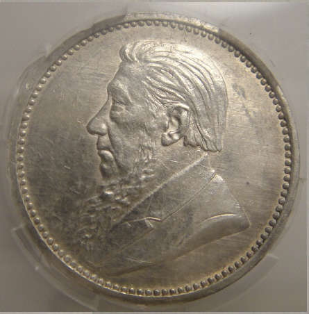 1892 Tickey (3d) Paul Kruger ZAR: Sangs graded MS61 (Mint State)