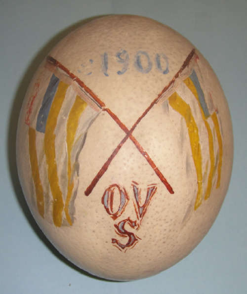 Anglo Boer War: Trench Art : Orange Free State Flags plus date (1900) painted on Ostrich Egg