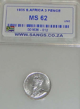 1935 Tickey (3d) : Union of South Africa: Sangs graded MS62 (Mint State)