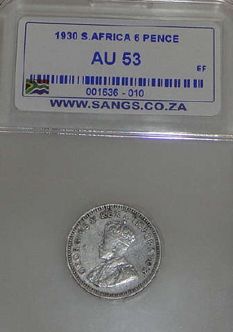 1930 Sixpence (6d) : Union of South Africa: Sangs graded AU53 (almost Mint State)