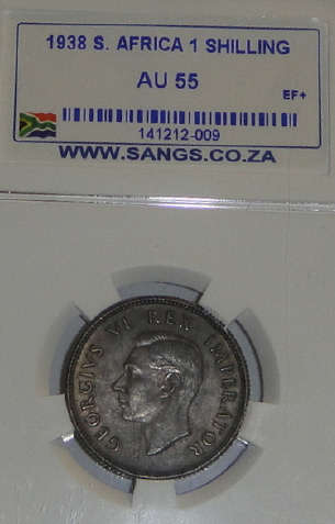 1938 Shilling (1/-) : Union of South Africa: Sangs graded AU55 (almost Uncirculated)