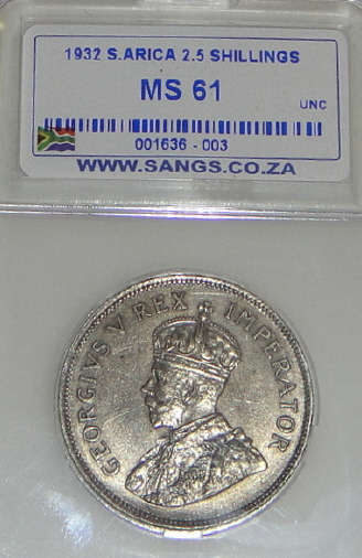 1932 Half Crown (2/6-) : Union of South Africa: Sangs graded MS61 (Mint State)