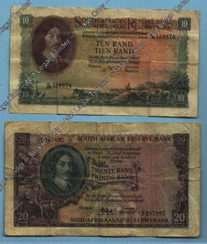 1961 R20 note & 1962 R10 note : Republic of South Africa Jan van Riebeeck notes