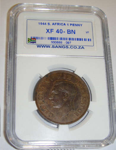 1944 One Penny (1d)  : Union of South Africa : Sangs graded XF40 (Extremely Fine)