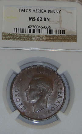 1947 Penny (1d): Union of South Africa : NGC graded MS62 BN (Scarce year)