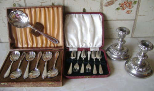 Collection of Silver Plated Dessert Spoons, Cake Forks and 2 Candle Sticks: Sold together as one lot