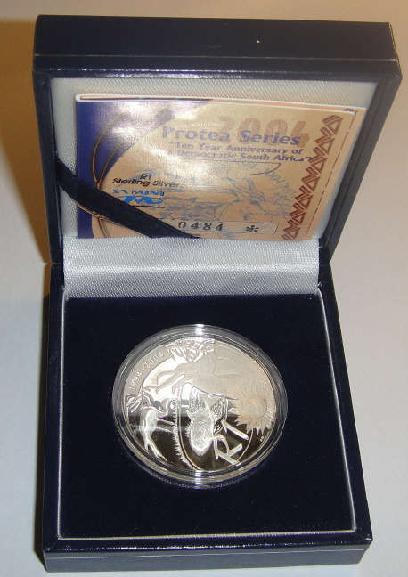 2004 Silver Proof R1 Protea: Boxed with Certificate of Authenticity: 10 Years RSA Democracy