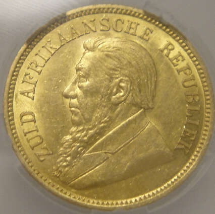 1895 GOLD Half Pond : Paul Kruger ZAR: Sangs graded AU58