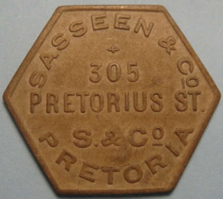 Sasseen & Co (Pretoria) 3-Shilling Token (Over-stamped 2)