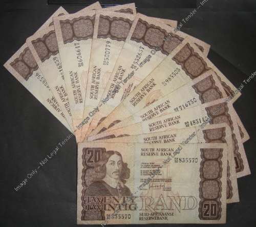 Ten used Jan van Riebeeck R20 notes of the 1980s (Reserve Bank Governor G. de Kock)