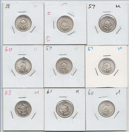 Nine Sixpences and silver 5c pieces of the Union & Republic of South Africa