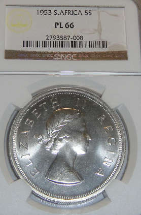 1953 Crown (5/-): Union of South Africa: NGC graded PL66 (Proof-like)