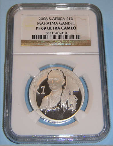 2008 Silver Proof R1 Protea: Mahatma Gandhi: NGC graded PF69
