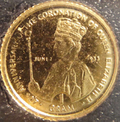1993 Gibraltar GOLD 1 Gram Coin commemorating the Queens Coronation  (1953-1993)