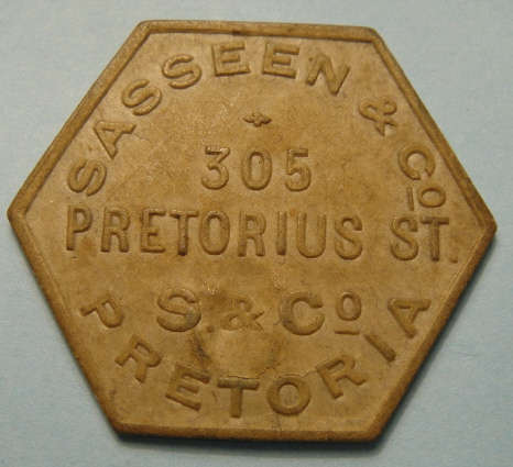 Sasseen & Co (Pretoria) 3-Shilling Token (Over-stamped 2)