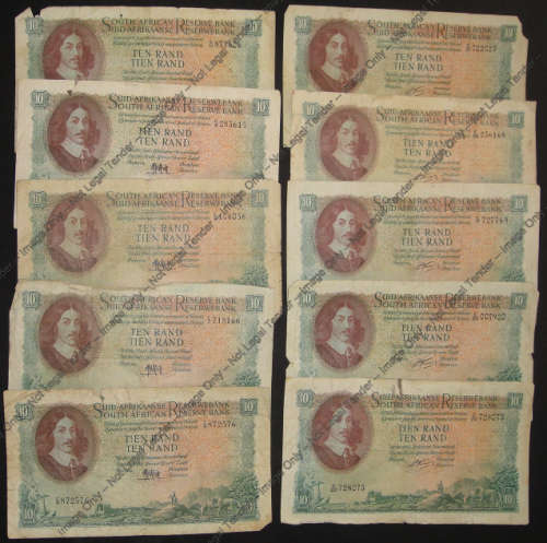 Five MH de Kock (1961) & Five G Rissik (1962) R10 notes (One bid takes the collection of 10 notes)