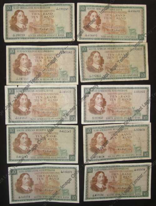 Ten Jan van Riebeeck R10 notes from the 1960s & 1970s (One bid takes whole collection)