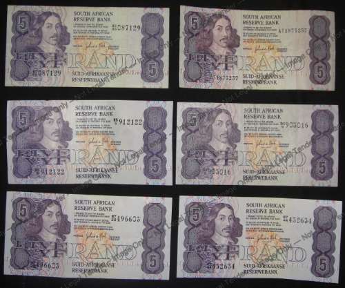 Six Jan van Riebeeck R5 notes of the 1980s
