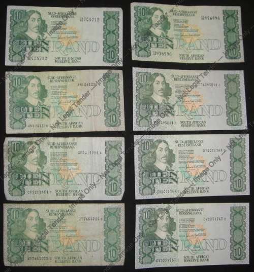 Eight Jan van Riebeeck R10 notes of the 1980s