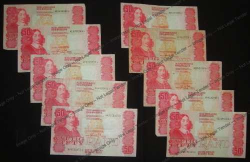 Ten Jan van Riebeeck R50 notes of the 1980s (Bid per note to take all 10)