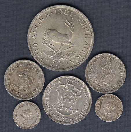Six SILVER first decimal coins of the Republic of South Africa
