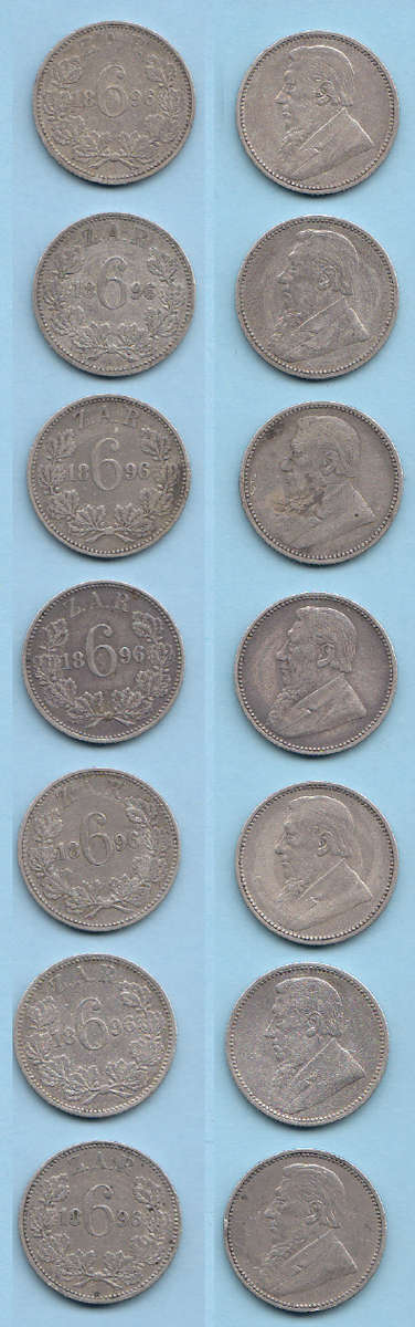 Seven Paul Kruger ZAR Silver Sixpences of 1896 (Bid per coin to take all seven)